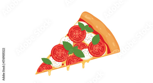 A delicious illustrated slice of Margherita pizza featuring fresh tomatoes, mozzarella cheese, and basil, with melted cheese dripping.