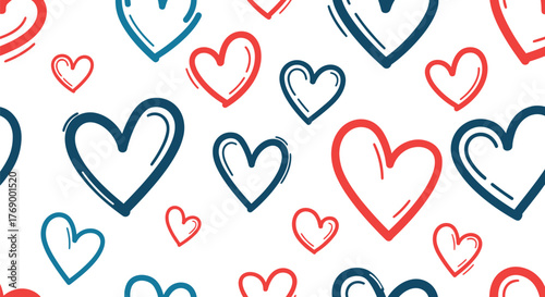 A vibrant seamless pattern featuring an array of hand-drawn hearts in red and blue outlines, scattered charmingly across a white background.