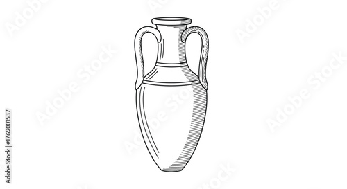Detailed line art illustration of an ancient Greek or Roman ceramic amphora, a tall two-handled storage jar with a narrow neck.
