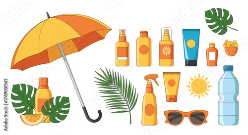 A vibrant collection of summer beach essentials including sun protection products, an umbrella, tropical leaves, and refreshing hydration.