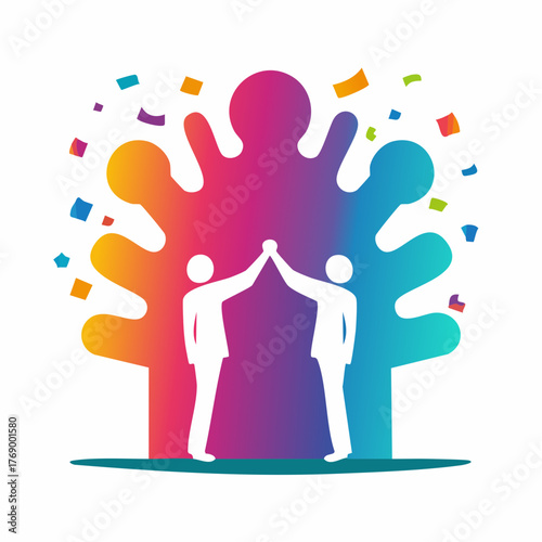 Celebrating successful teamwork and collaboration with a high five gesture, a concept illustration on a colorful splash background