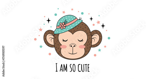Adorable cartoon monkey head wearing a cute teal polka-dot hat with a pink flower, surrounded by playful stars and dots, and the text 'I AM SO CUTE'.