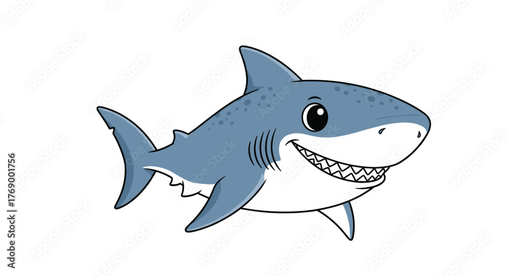 Obraz premium Cute and friendly cartoon great white shark illustration smiling with sharp teeth, perfect for children's designs and aquatic themes.