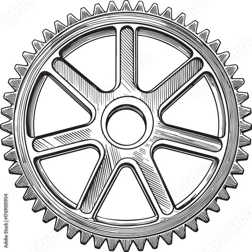 An intricate black and white illustration of a gear with radial spokes and toothed outer rim design