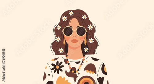Stylish young woman with flowers in her hair, wearing retro sunglasses and a patterned top, exuding a free-spirited summer vibe.