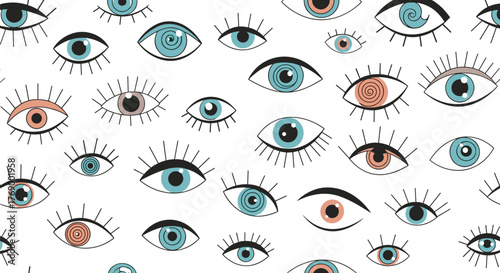 A whimsical seamless pattern featuring an array of stylized human eyes with various colors and expressive eyelashes on a clean white background.