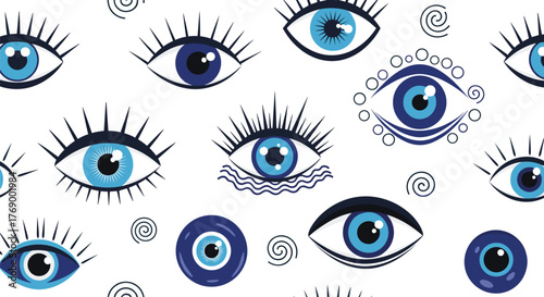 Seamless pattern featuring diverse blue evil eye illustrations, charms, and talismans, representing protection and cultural symbolism on a white background.
