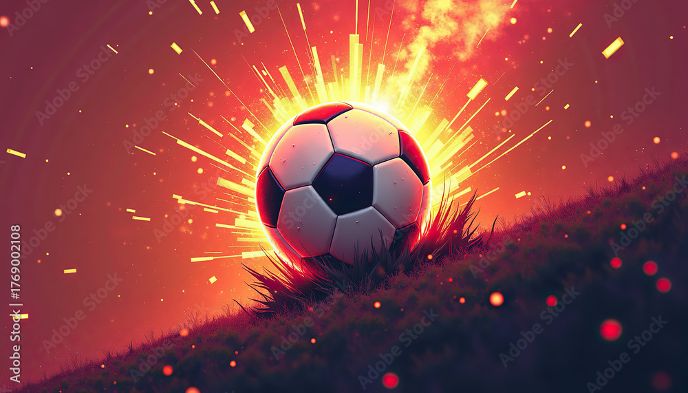 Fototapeta premium NWSL Playoff Race. Explosive soccer ball with a burst of light on a grassy background at sunset