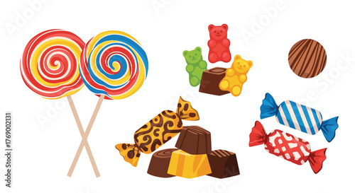 A vibrant collection of assorted candies, including colorful swirl lollipops, gummy bears, chocolates, and wrapped sweets, against a white background.