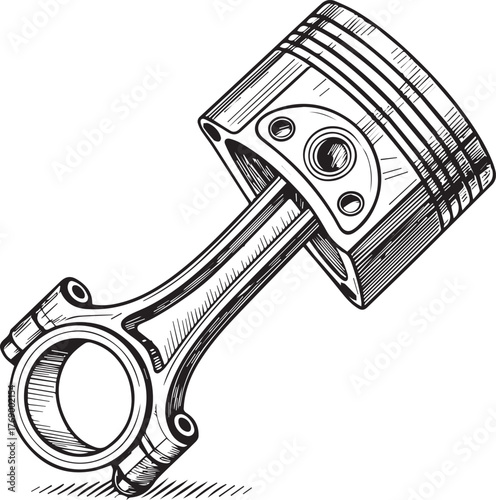 Illustration of a piston and connecting rod with detailed line work on a white background drawing