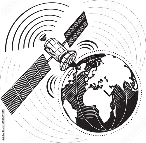 A black and white illustration of a satellite orbiting the earth with radiating signal waves shown around it