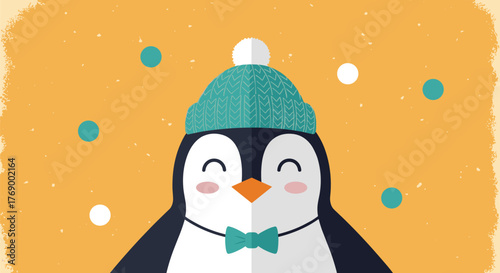 A cheerful cartoon penguin wearing a cozy blue knitted hat and a bow tie, smiling sweetly on a warm yellow backdrop with scattered blue and white dots.