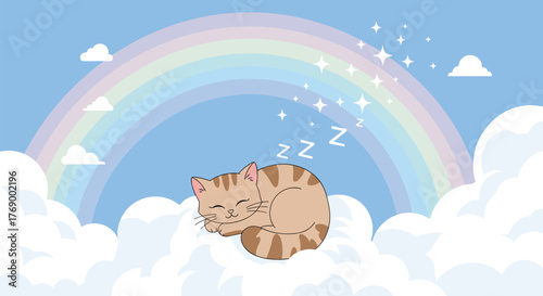 A cute cartoon tabby cat sleeps peacefully on a fluffy white cloud beneath a soft pastel rainbow in a serene blue sky.