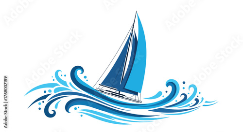 Stylized illustration of a sleek sailboat with blue sails navigating vibrant blue ocean waves on a clean white background.