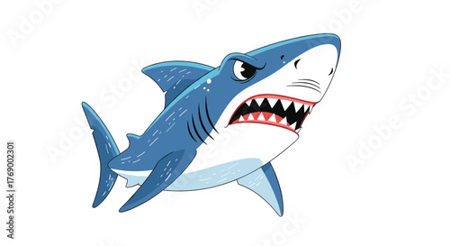 An aggressive blue cartoon shark with a fierce expression and open mouth displays sharp teeth against a clean white background.