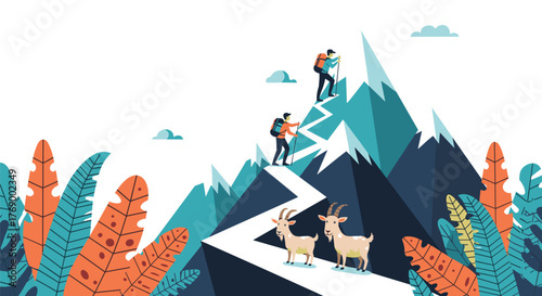 Two hikers with trekking poles are climbing a steep, winding mountain path, accompanied by two mountain goats, through a vibrant natural landscape.