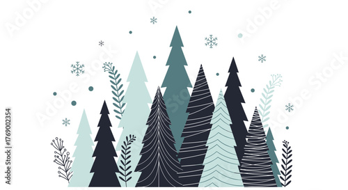 Stylized winter forest with varying evergreen trees, snowflakes, and minimalist foliage in cool blue and dark tones, perfect for holiday greetings.