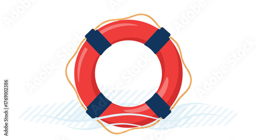 A vibrant red lifebuoy with dark blue straps and a textured rope, floating calmly on stylized blue waves, symbolizing safety.