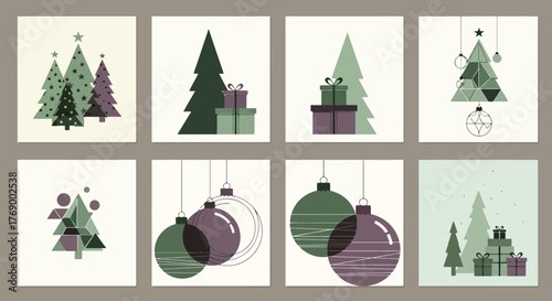 Festive Christmas Trees and Ornaments in Geometric Designs