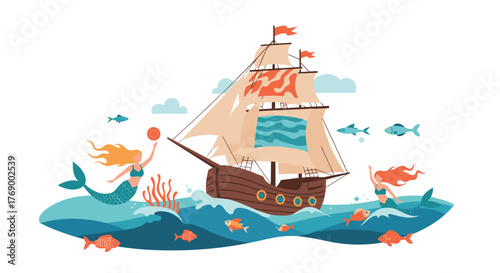 A whimsical illustration of a majestic sailing ship navigating through vibrant ocean waves, accompanied by playful mermaids and colorful marine life.