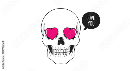 A white cartoon skull with pink heart-shaped eyes, dental braces, and a speech bubble saying 'LOVE YOU' on a white background.