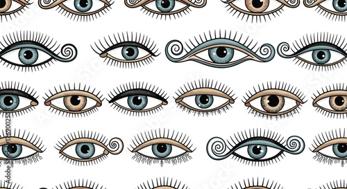 Decorative seamless pattern of mystical and stylized eyes, some with unique swirling eyeliner and diverse iris colors, against a clean white backdrop.