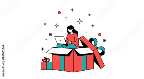 Gift Box Laptop Girl Modern Illustration of Surprise and Technology