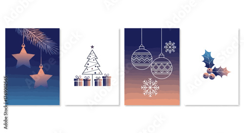 Festive Christmas Card Designs with Geometric Ornament and Holly Berry Illustrations