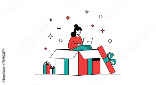 Unboxing Success Freelancer in a Gift Box Working on Laptop