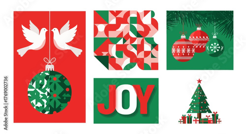 Festive Holiday Icons Doves, Ornaments, and Geometric Joy