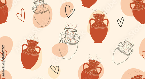 Seamless pattern with bohemian terracotta vases, outlined jugs, hand-drawn hearts, and abstract organic shapes on a light background.