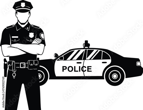 Police officer standing next to police car vector illustration art editable vector