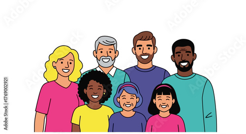 Diverse Family Portrait Illustration Multi-Generational Group with Smiling Faces