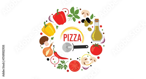 Circular composition of fresh vegetables, herbs, olive oil, and a pizza cutter surrounding the word 'PIZZA' on a white background.