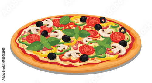 Delicious vegetable pizza with fresh basil, mushrooms, olives, bell peppers, and tomatoes in a vibrant flat design.