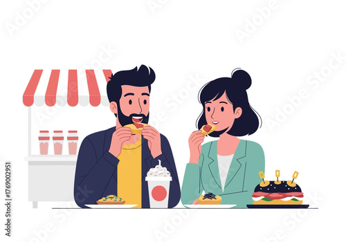 Couple eats at burger stand. Perfect for food blogs, social media posts, restaurant promotions, and advertising campaigns with outdoor dining themes.