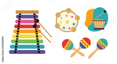 A vibrant collection of colorful percussion instruments like a xylophone, maracas, tambourine, and drum for children's music education and play.