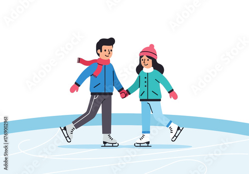 Couple gracefully ice skating together, hand in hand, sharing a intimate moment. Perfect for romantic and winterthemed designs.
