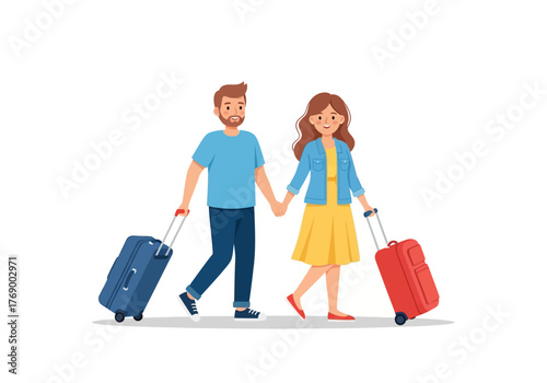 Couple holding hands, pulling luggage on white background. Suitable for travel blog, relationship advice, vacation concept, journey themes.