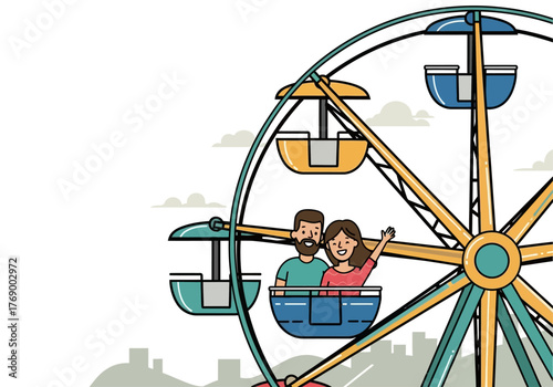 Couple on ferris wheel admiring amusement park, suitable for travel, leisure, fun, romantic concepts, dating, theme parks, summer.