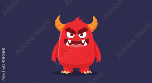 A cute yet angry red monster with horns and sharp teeth stands defiantly against a dark background, ready to cause mischief.