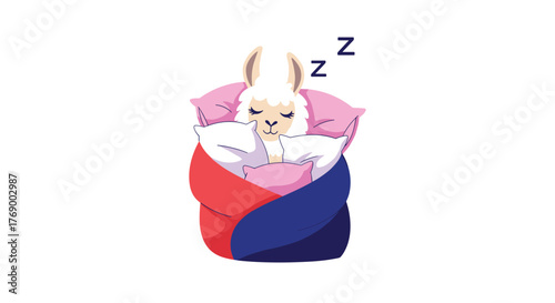 Adorable cartoon llama comfortably tucked in and fast asleep, surrounded by soft pillows, indicating tranquility and relaxation.