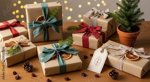 Christmas and zero waste, eco friendly packaging gifts in kraft paper on a wooden table, eco christmas holiday concept, eco decor banner