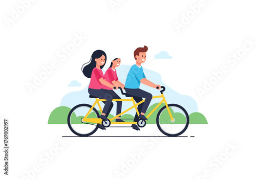 Family tandem bicycle ride outdoors with a simple background, ideal for promoting family activities, outdoor adventures, and healthy lifestyle.