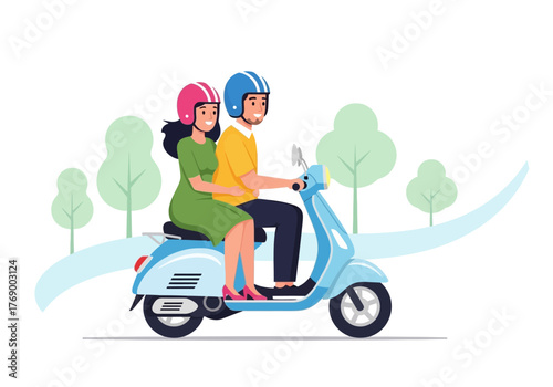 Couple in helmets rides a blue scooter, promoting safe transportation. Ideal for promoting road safety, scooter rentals, or travel services.