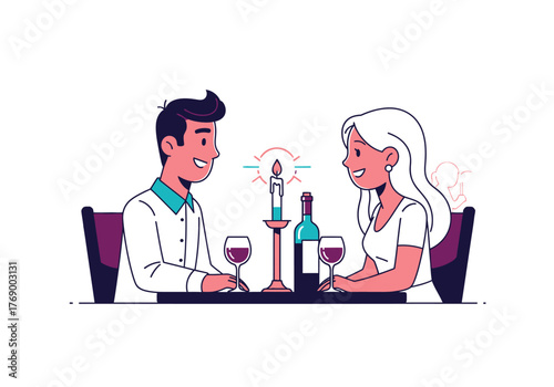 Couple dining with wine, candle flame ambiance, romantic illustration suitable for restaurant menus, date night promotions, and lovethemed designs.