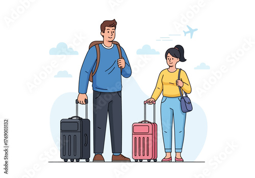 Couple with luggage and a plane, prepped for a journey. Travel blogs, advertisements, vacation brochures, transportation companies.