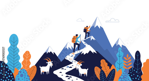 Two hikers ascend a winding mountain path towards a snowy peak, accompanied by mountain goats, with stylized foliage in the foreground.