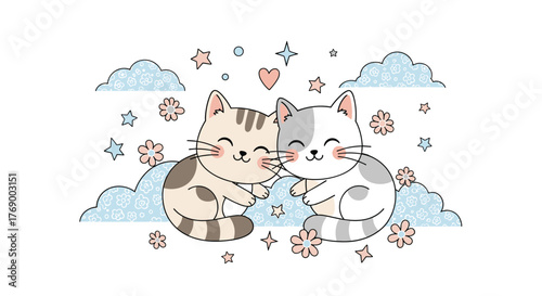 Cute cartoon cats sit together on fluffy blue clouds, surrounded by whimsical stars and gentle pink flowers, depicting a sweet, loving bond.