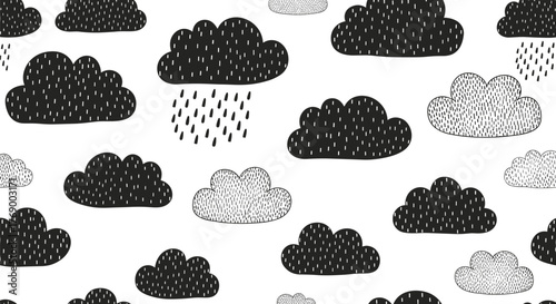 Hand-drawn seamless pattern of cute black and white textured clouds with falling rain on a clean white background, perfect for nursery designs.